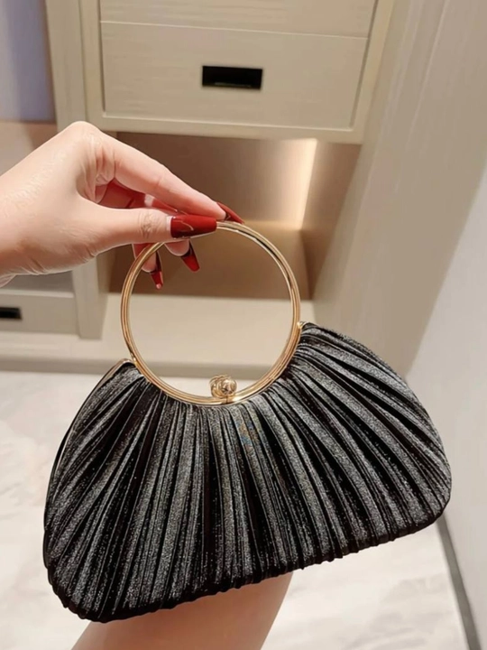 Ayollar uchun elegant kechki sumka, metall halqali tutqichli, premium plisseli klatch