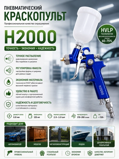 YANZHI H2000P 0.8 mm pnevmatik bo‘yoq purkagichi, 125 ml, professional - 