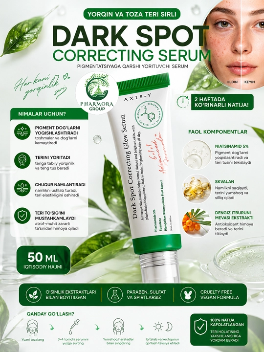 Oqartiruvchi qora tochkalarga qarshi zardob Dark Spot Correcting Glow Serum, Axis-Y 50 ml