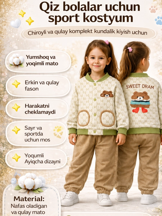O‘g‘il va qiz bolalar uchun ikki qismli sport kiyim to‘plami, bahorgi kiyim komplekti