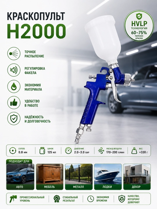YANZHI H2000P 0.8 mm pnevmatik bo‘yoq purkagichi, 125 ml, professional - 