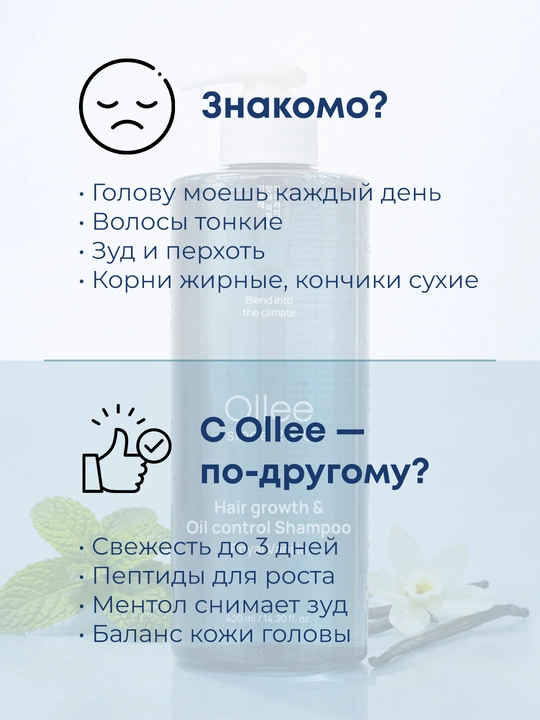 Шампунь OLLEE для роста волос и контроля себума, корейский, для жирных волос, 420 мл Корея