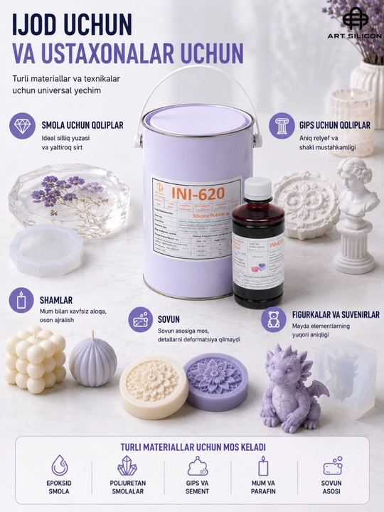 Art Silicon silikon kauchugi, moldlar va shakllar uchun, 605–640