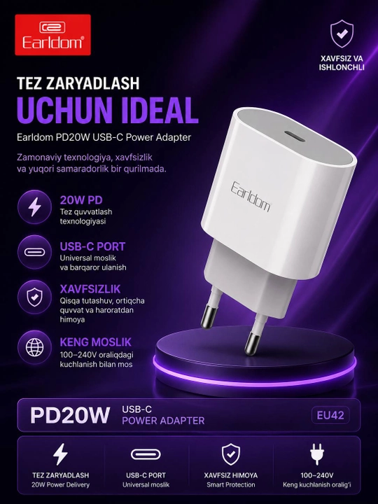 Arldom EU42 PD20W USB-C tezkor zaryadlovchi adapter, Power Delivery, Type-C quvvatlagich - 
