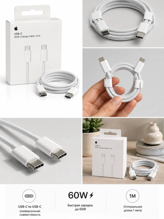 Кабель USB-C – USB-C 60W 1м для зарядки и передачи данных, нейлоновая оплётка