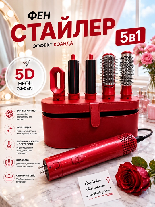 Ayollar uchun professional DYSON 5in1 fen to'plami qizil rangda
