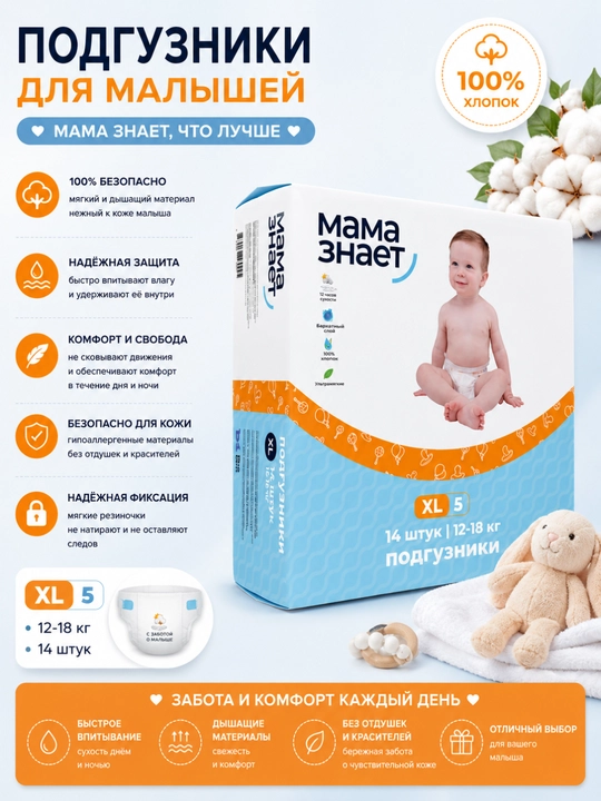 Подгузники Мама знает, 1-6 размеры