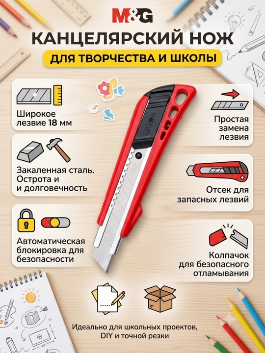 Kanselyariya pichog‘i 18 mm, avtomatik blokirovkali, sariq M&G ASS91427 - 