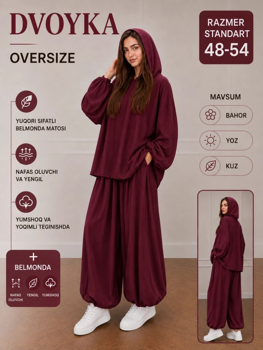 Ayollar uchun oversize kostyum-shim komplekti, keng bichim, 48-54 o‘lcham - 