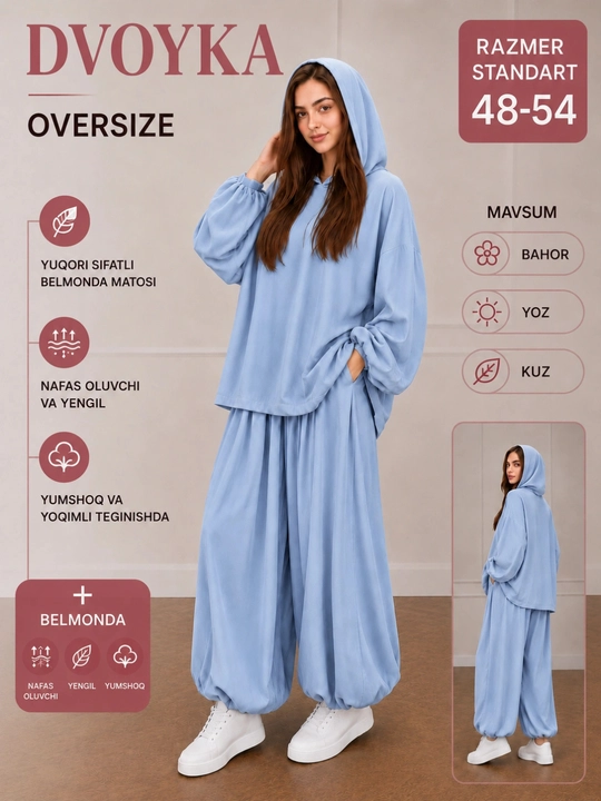 Ayollar uchun oversize kostyum-shim komplekti, keng bichim, 48-54 o‘lcham - 
