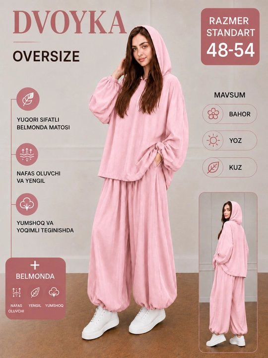 Ayollar uchun oversize kostyum-shim komplekti, keng bichim, 48-54 o‘lcham - 