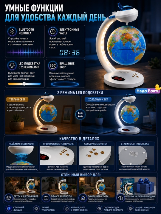 Bluetooth karnayli levitatsion globus, LED yoritgich, soat va 360° aylanish