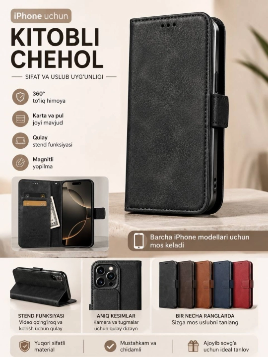 Чехол-книжка для iPhone 17, 16, 15, 14, 13, 12, Pro/ Max - 