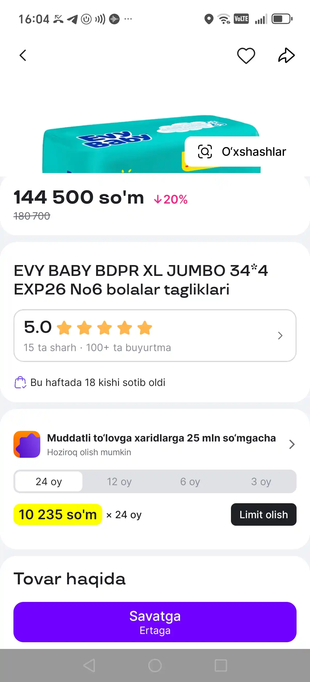 EVY BABY BDPR XL JUMBO 34*4 EXP26 No6 bolalar tagliklari