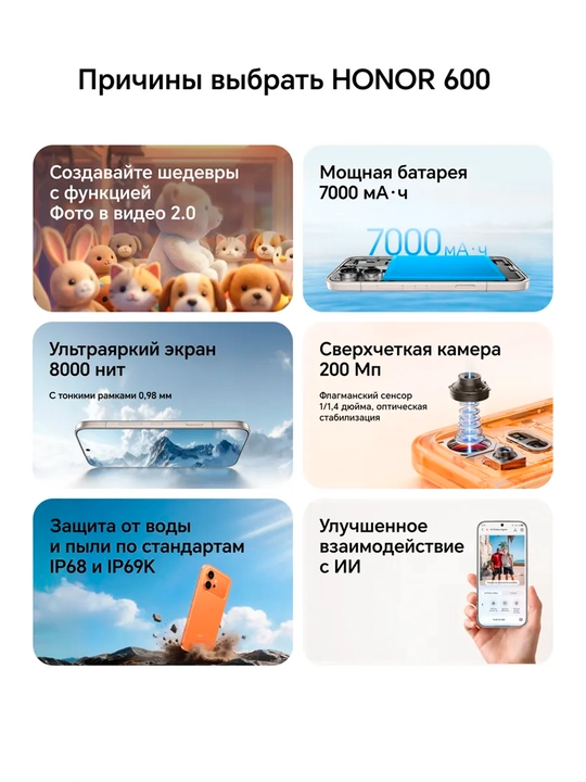 Смартфон Honor 600 5G, 7000 мАч, 200+50 МП, AMOLED 120Hz, Snapdragon 7 Gen 4
