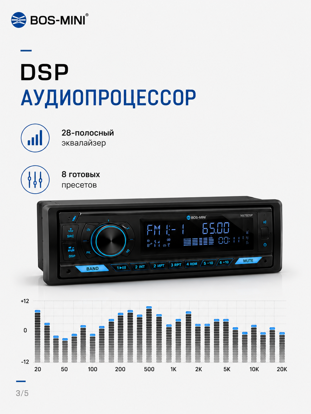 BOS-MINI N972DSP 1 DIN avtomagnitola Bluetooth DSP 4x80W USB AUX olinadigan panel