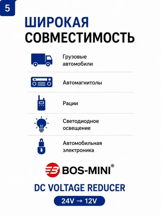 Преобразователь напряжения 24В–12В BOS-MINI для автомагнитол и электроники