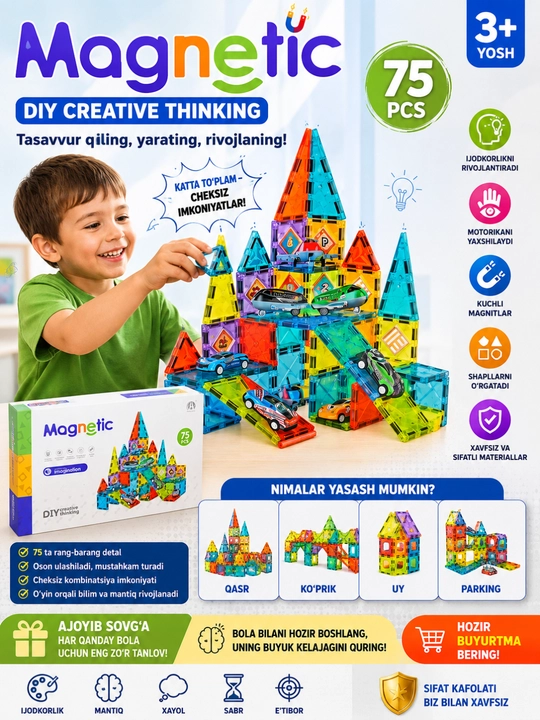Magnitli rivojlantiruvchi konstruktor 3 D magnit bloklar to'plami - 