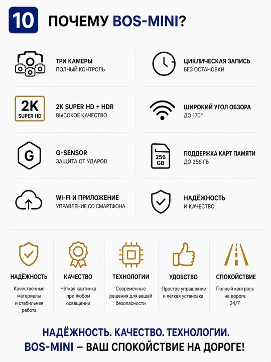 Видеорегистратор BOS-MINI A17L / A18L / A31 Pro Wi-Fi, 3 камеры, 2K, Wi-Fi, HDR