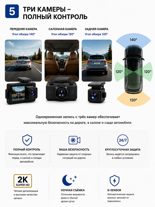 Видеорегистратор BOS-MINI A17L / A18L / A31 Pro Wi-Fi, 3 камеры, 2K, Wi-Fi, HDR