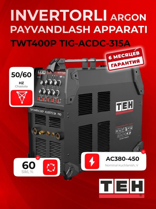TEH TWT400P TIG-ACDC-315A invertorli argon yoyli payvandlash apparati, 20-315 A