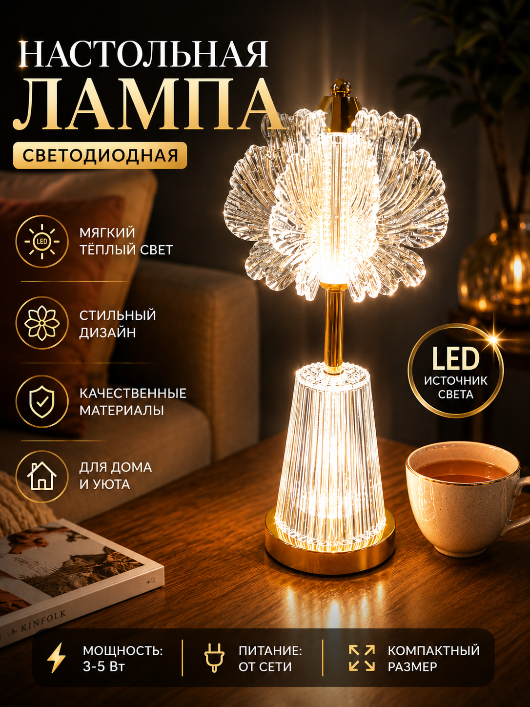 Настольная LED лампа с тёплым светом, декоративная лампа для дома и спальни - 