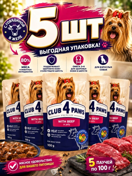Club 4 Paws ho'l it yemi, jele ichidagi mol go'shti bilan 100 gramm (5 dona) - 