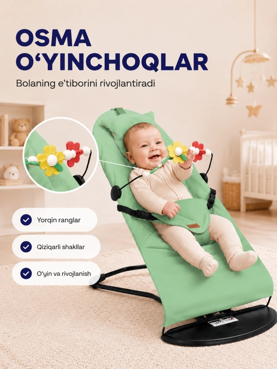 O‘yin paneli bilan jihozlangan bolalar shezlongi, tebranma kreslo, yangi tug‘ilgan chaqaloqlar uchun shezlong
