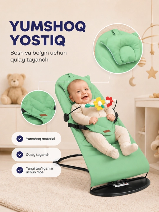 O‘yin paneli bilan jihozlangan bolalar shezlongi, tebranma kreslo, yangi tug‘ilgan chaqaloqlar uchun shezlong