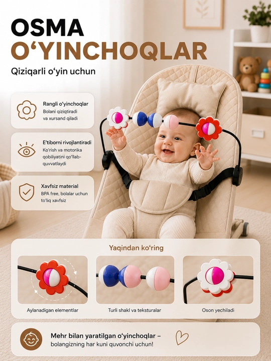 O‘yin paneli bilan jihozlangan bolalar shezlongi, tebranma kreslo, yangi tug‘ilgan chaqaloqlar uchun shezlong