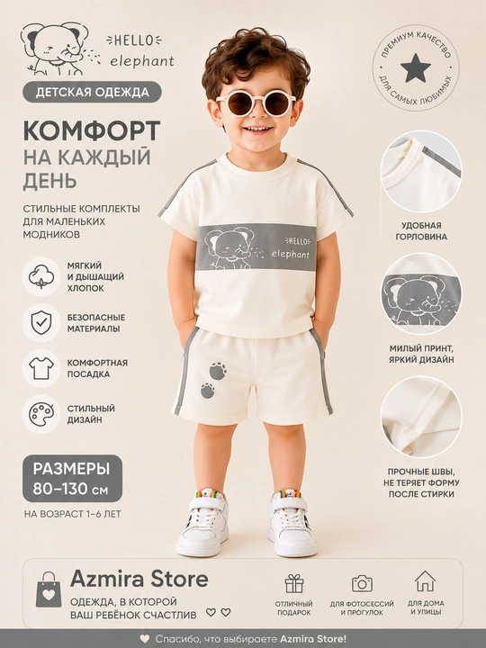 Hello Elephant bolalar kiyim-kechak to‘plami, kichik modaparastlar uchun zamonaviy va qulay to‘plam - 