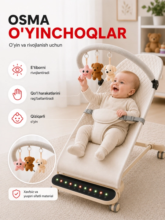 O‘yin paneli bilan jihozlangan bolalar shezlongi, tebranma kreslo, yangi tug‘ilgan chaqaloqlar uchun shezlong