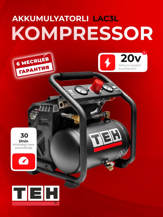 Akkumulyatorli kompressor TEH LAC3L, 20 V, 280 Vt, 3 l, 8 bar, 2800 ayl/min