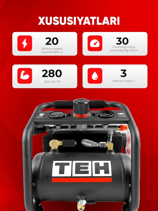 Akkumulyatorli kompressor TEH LAC3L, 20 V, 280 Vt, 3 l, 8 bar, 2800 ayl/min