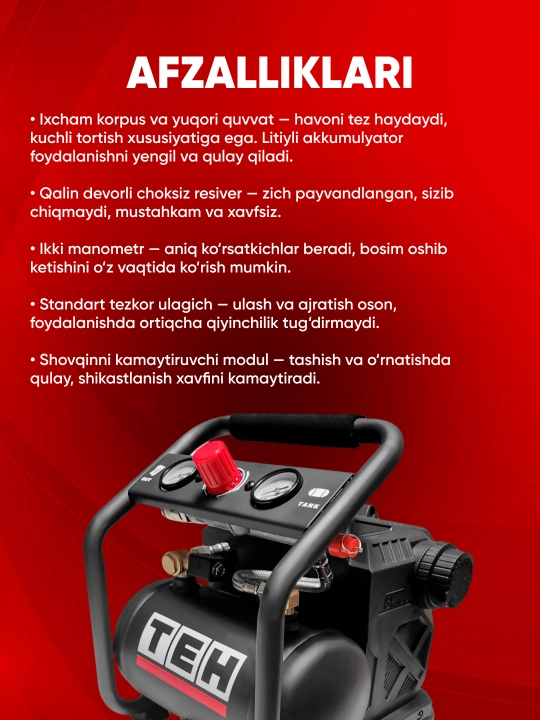 Akkumulyatorli kompressor TEH LAC3L, 20 V, 280 Vt, 3 l, 8 bar, 2800 ayl/min