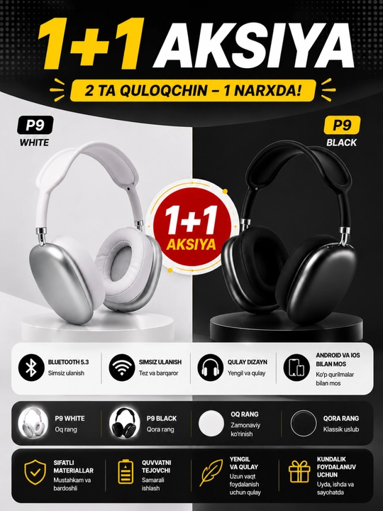 P9 simsiz quloqchin, Bluetooth 5.3, oq va qora rang, 1+1 aksiya - 