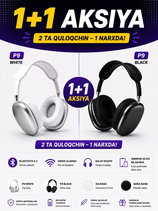 P9 simsiz quloqchin, Bluetooth 5.3, oq va qora rang, 1+1 aksiya