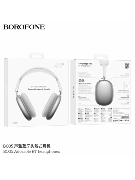 Наушники Borofone BO35, сменные амбушюры, Bluetooth 5.4, время работы 45 ч, серебристые - 