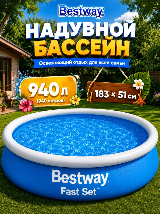 Basseyn puflanadigan Bestway Fast Set, 3800 litr gacha, mustahkam PVX - 