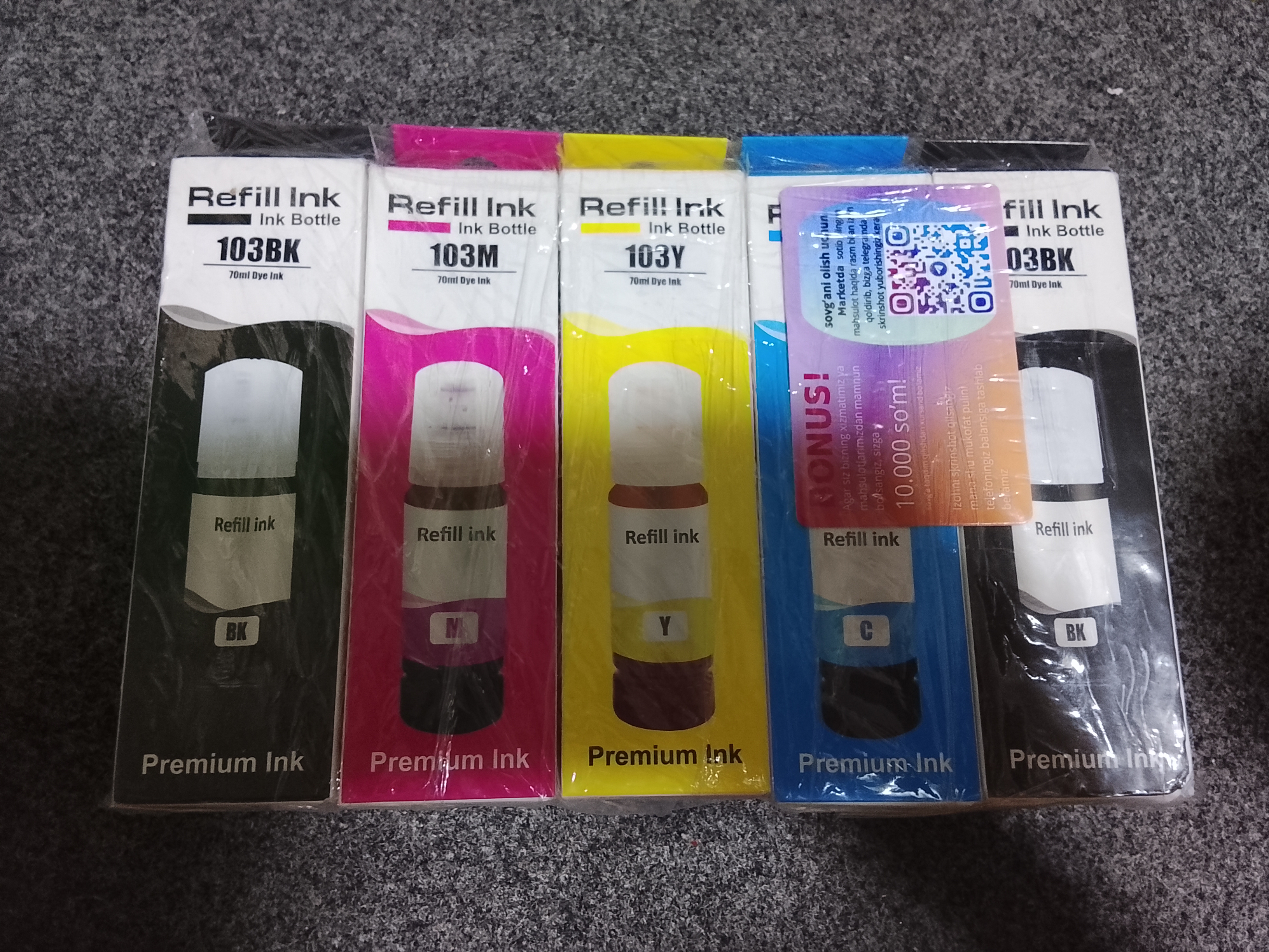Siyoh Epson 103, l3150, l3250, 103 EcoTank printer bo'yog'i, 4 rang + 1 qora sovga