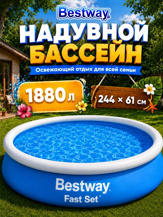 Basseyn puflanadigan Bestway Fast Set, 3800 litr gacha, mustahkam PVX - 