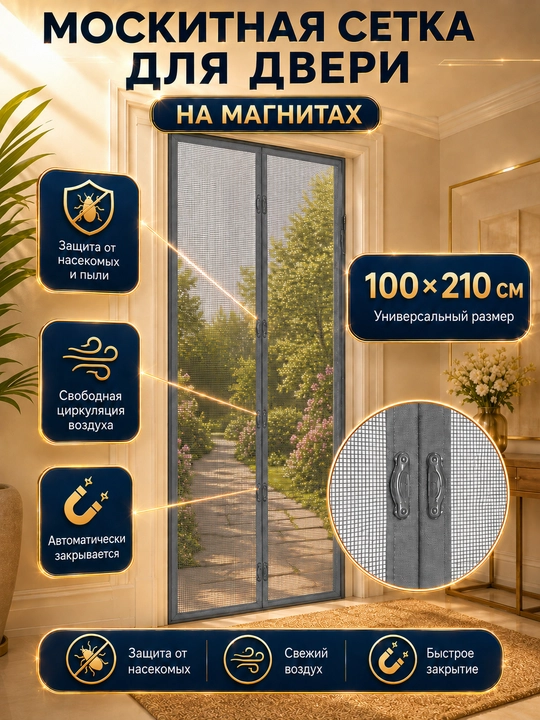 Москитная сетка для двери, на магнитах, 100 * 210 см