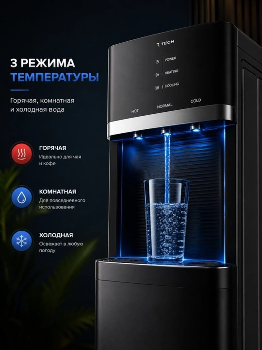 Кулер для воды Tech, 3 режима (горячая/комнатная/холодная), верхняя загрузка