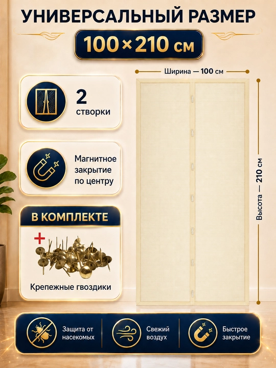 Москитная сетка для двери, на магнитах, 100 * 210 см