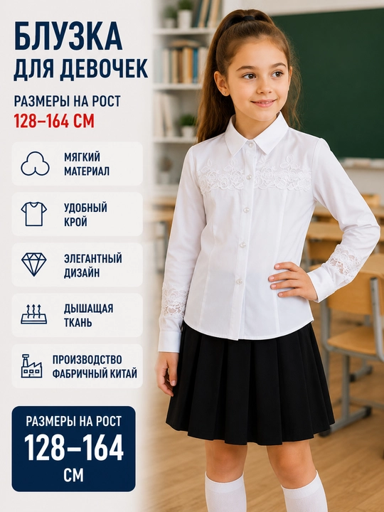 Школьная блузка, с длинным рукавом, для девочки
