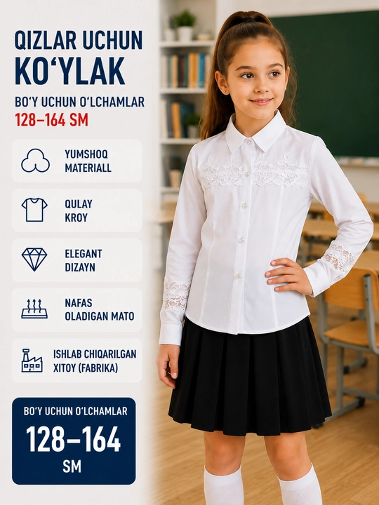 Школьная блузка, с длинным рукавом, для девочки - 