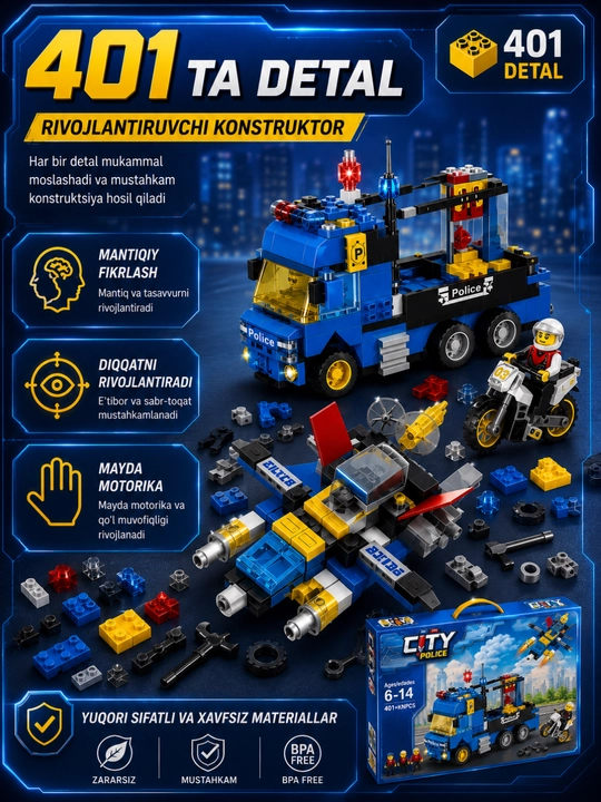 Lego mos konstruktor, lego avtomobil, samolyot, politsiya, vertolyot