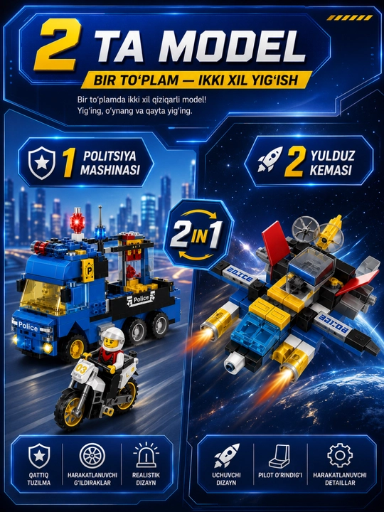 Lego mos konstruktor, lego avtomobil, samolyot, politsiya, vertolyot