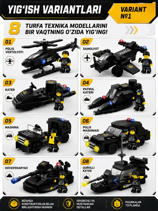 Lego mos konstruktor, lego avtomobil, samolyot, politsiya, vertolyot