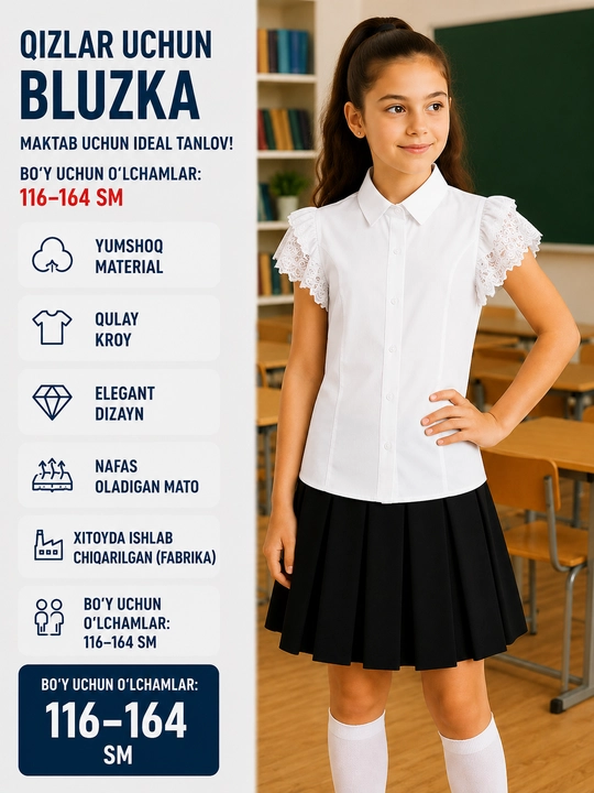 Qizlar uchun uzun va kalta yengli maktab bluzkalari, 9 tur - 